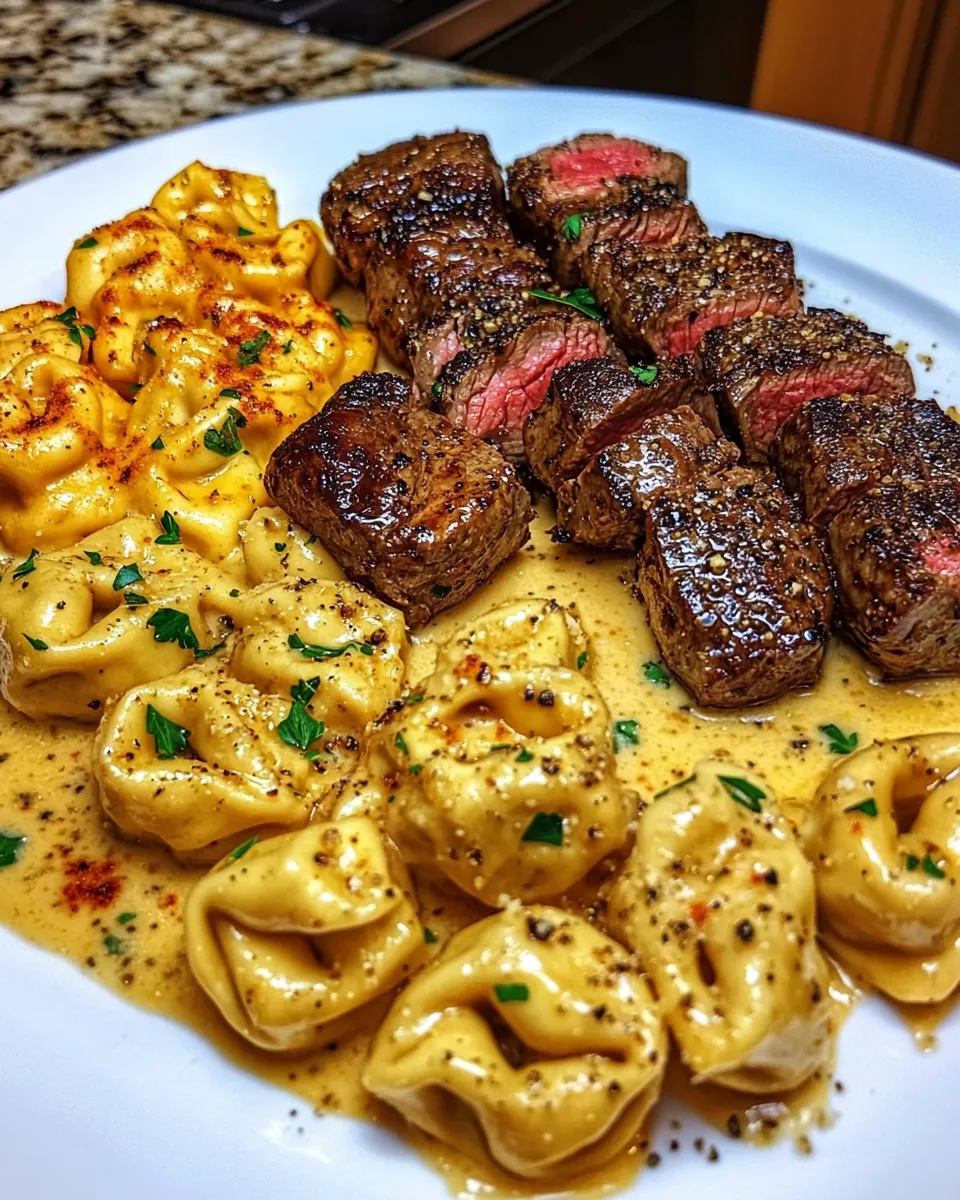 Garlic Butter Steak Tips with Cheddar Cream Tortellini Recipe