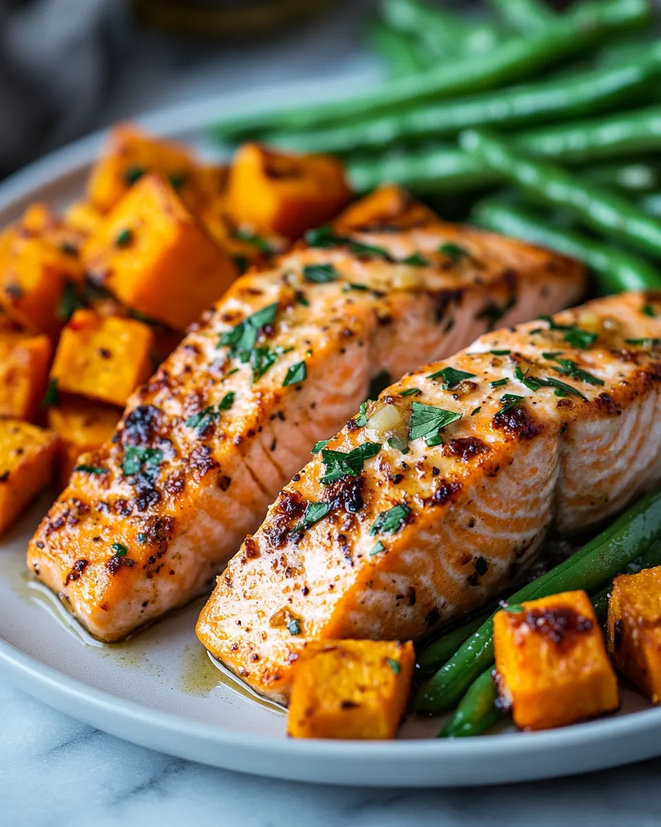 Garlic Butter Salmon with Roasted Sweet Potato & Green Beans Recipe