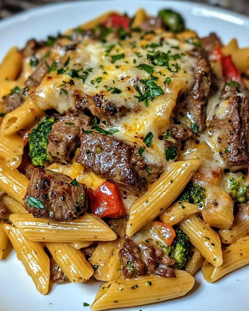 Creamy Garlic Parmesan Penne with Steak, Broccoli & Bell Peppers Recipe