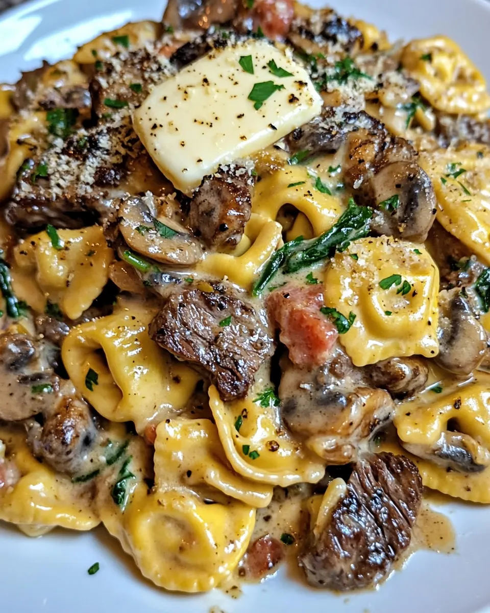 Cowboy Butter Parmesan Tortellini with Steak, Spinach & Mushrooms Recipe
