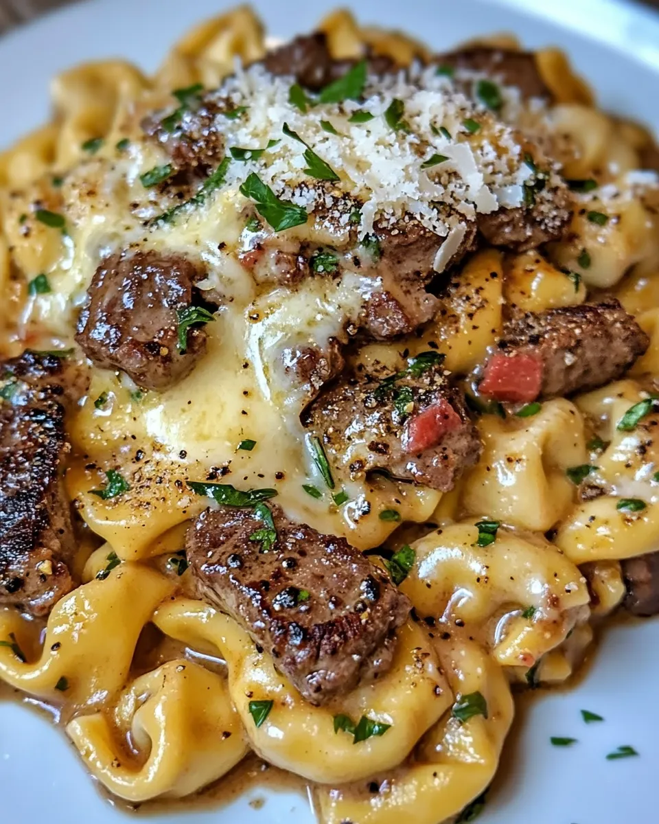 savory garlic Parmesan tortellini with steak and fresh herbs Recipe