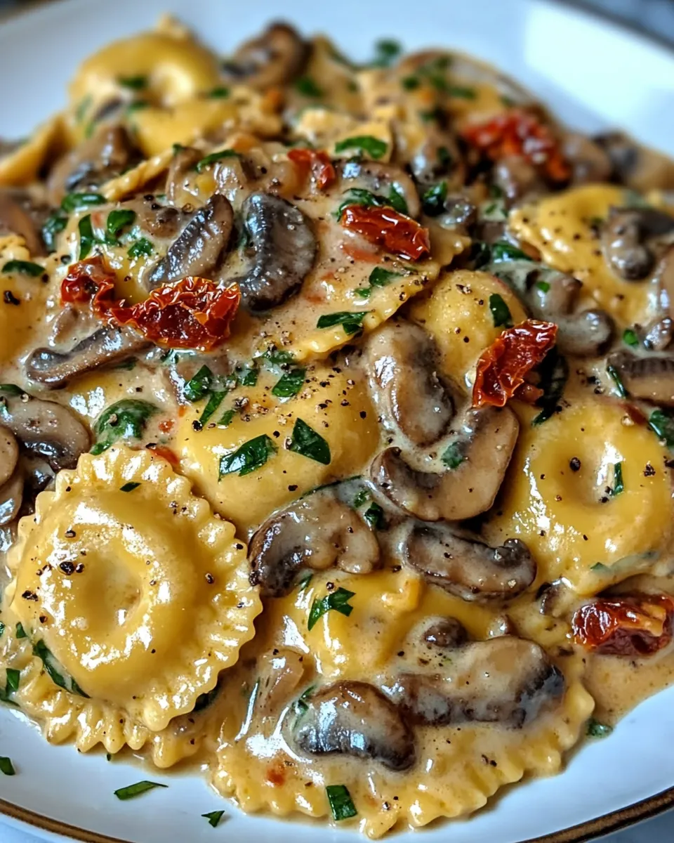 Cheesy Ravioli with Spinach, Mushrooms, and Sun-Dried Tomatoes